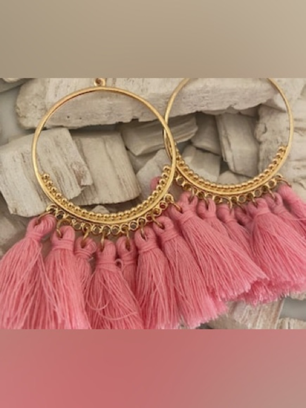 Gold Hoop Earrings with Pink Tassels